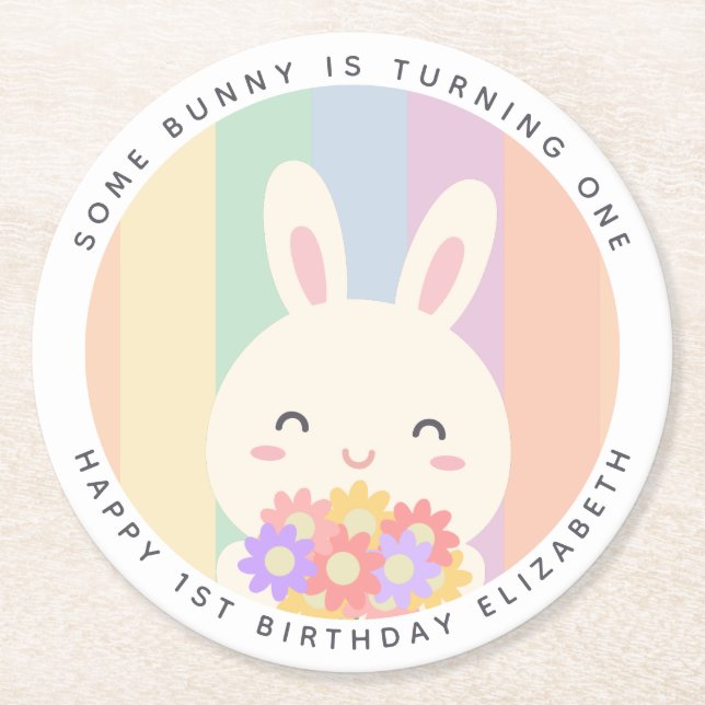 Cute Some Bunny is Turning One Rainbow Birthday Round Paper Coaster (Front)