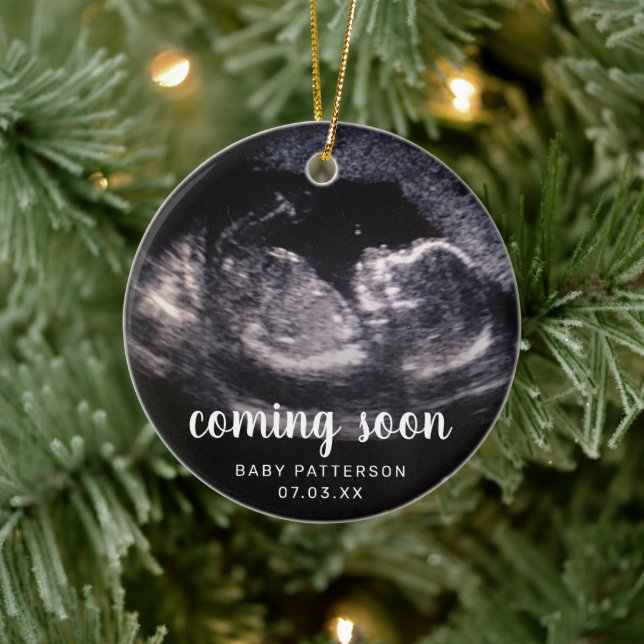 Cute Sonogram Photo Pregnancy Reveal Christmas Ceramic Ornament (Tree)