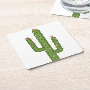 Cute Southwestern Wedding Pink Flower Green Cactus Square Paper Coaster