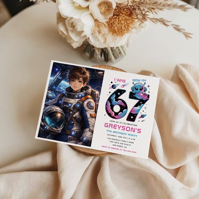Cute Space 7th Birthday photo | Six & Seven  Invitation (Cute Space 7th Birthday photo | Six & Seven Invitation)