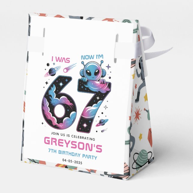 Cute Space 7th Birthday | Six & Seven Year Old Favor Box (Back Side)