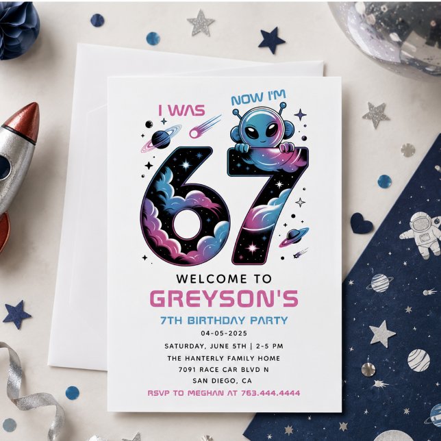 Cute Space 7th Birthday | Six & Seven Year Old  Invitation (Cute Space 7th Birthday | Six & Seven Year Old Invitation)