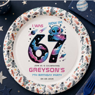 Cute Space 7th Birthday Six & Seven Year Old Paper Plate