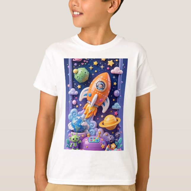 Cute Space Adventure 3D Rocket Vertical  T-Shirt (Front)