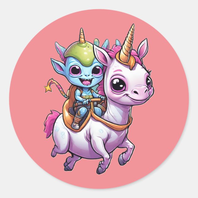 Cute Space Alien riding unicorn funny UFO  Classic Round Sticker (Front)