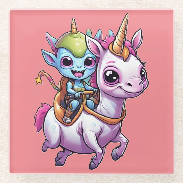 Cute Space Alien riding unicorn funny UFO  Glass Coaster (Front)