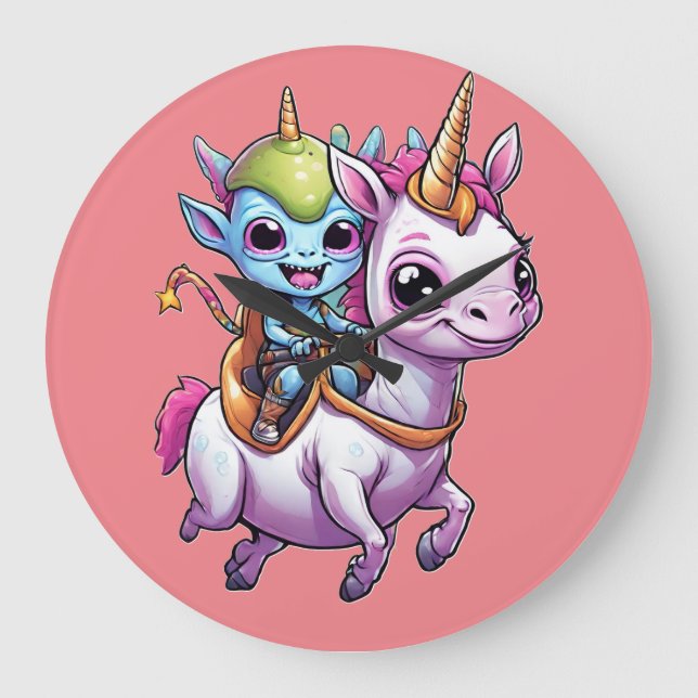 Cute Space Alien riding unicorn funny UFO  Large Clock (Front)