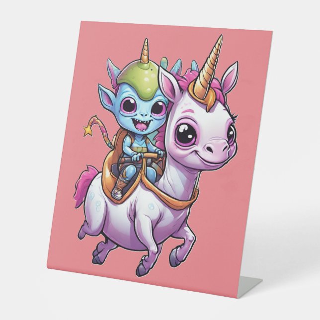 Cute Space Alien riding unicorn funny UFO  Pedestal Sign (Front)