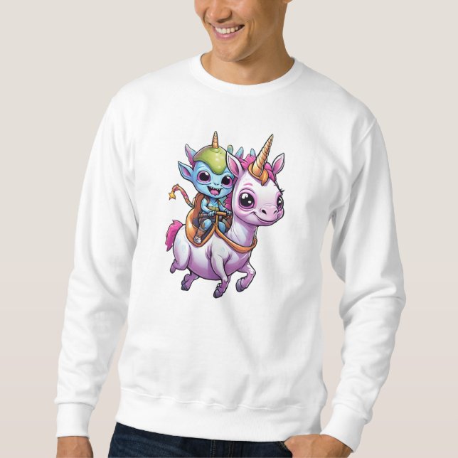 Cute Space Alien riding unicorn funny UFO  Sweatshirt (Front)