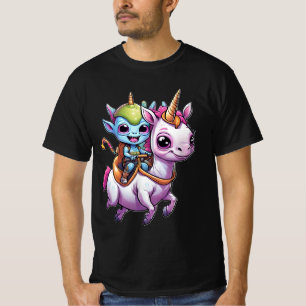 Cute Space Alien riding unicorn funny UFO  T-Shirt