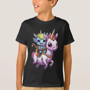 Cute Space Alien riding unicorn funny UFO  T-Shirt