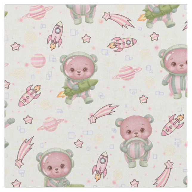 Cute Space Astronaut Bear Seamless Pattern Fabric (Close Up)