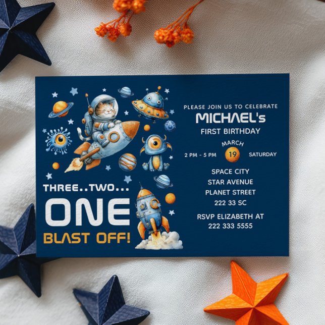 Cute Space Astronaut Cat Blast Off 1st Birthday Invitation (Creator Uploaded)