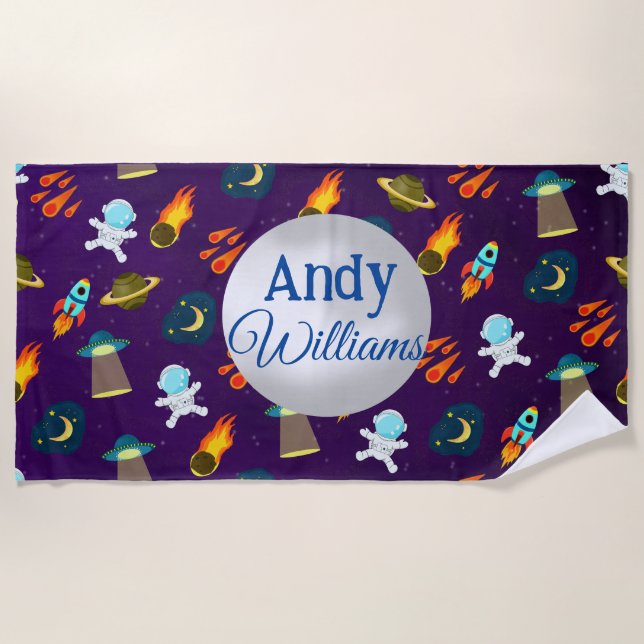 Cute Space Astronaut Rocket Pattern  Beach Towel (Front)