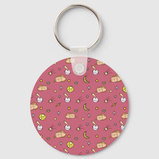 Cute Space Cat Pattern – Adorable Cosmic Kitty Keychain (Front)