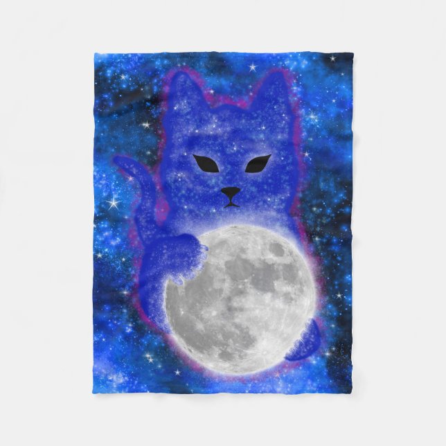 Cute Space Cat Playing with the Moon Fleece Blanket (Front)