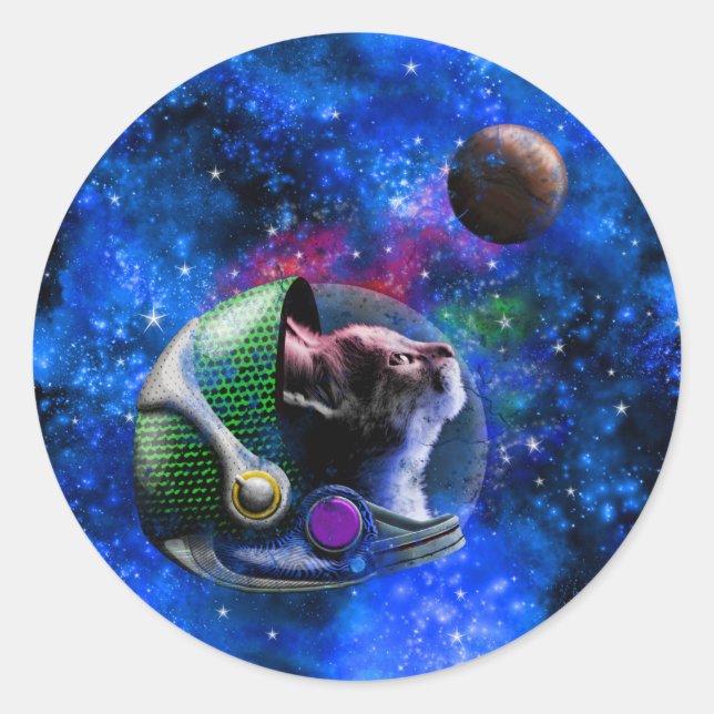 Cute Space Cat with Blue Galaxy Nebula Stars Classic Round Sticker (Front)
