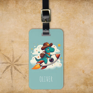 Cute Space Cowboy Dinosaur Riding Rocket  Luggage Tag