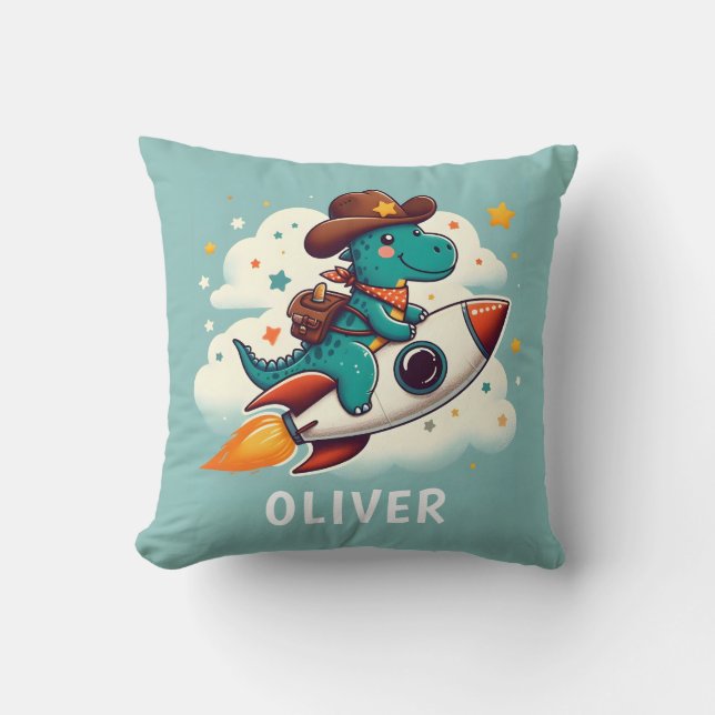 Cute Space Cowboy Dinosaur Riding Rocket  Throw Pillow (Front)