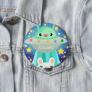 Cute Space Creature And Bunny Rabbit 4 Inch Round Button