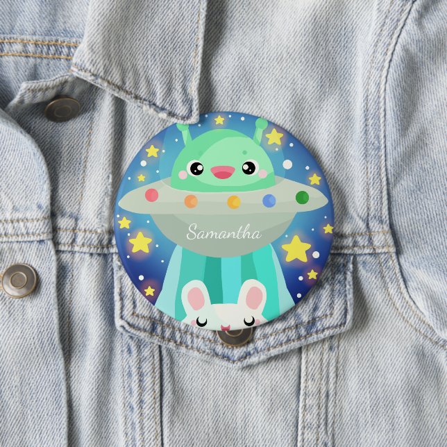 Cute Space Creature And Bunny Rabbit 4 Inch Round Button (In Situ)