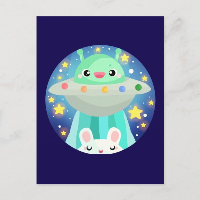 Cute Space Creature And Bunny Rabbit Postcard (Front)