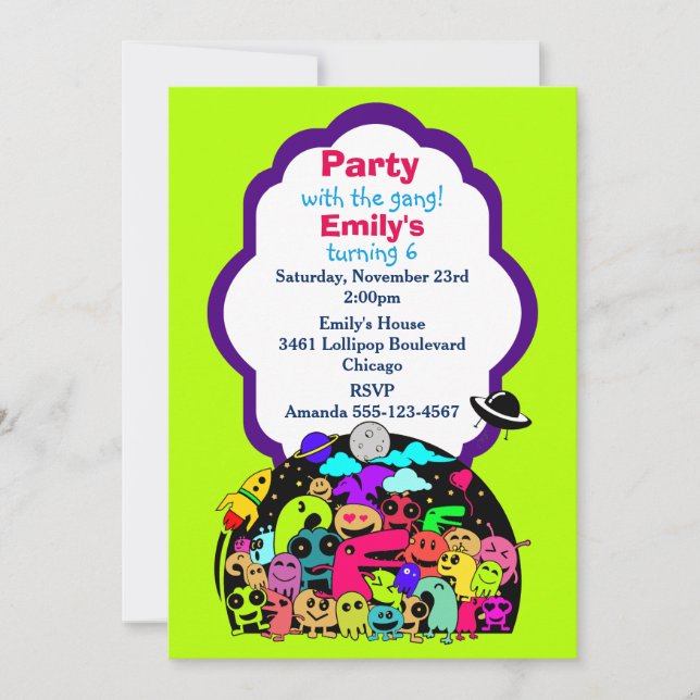 Cute Space Creatures Birthday Party Invite (Front)