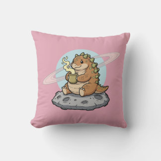 Cute Space Dinosaur Coffee Illustration Throw Pillow