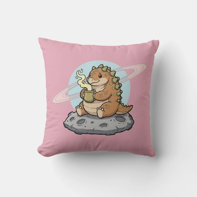 Cute Space Dinosaur Coffee Illustration Throw Pillow (Front)