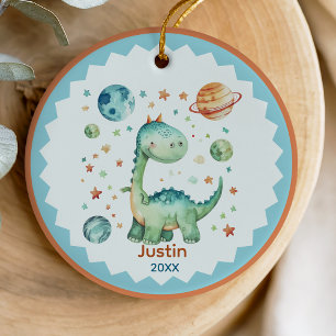 Cute space dinosaur holiday keepsake personalized ceramic ornament