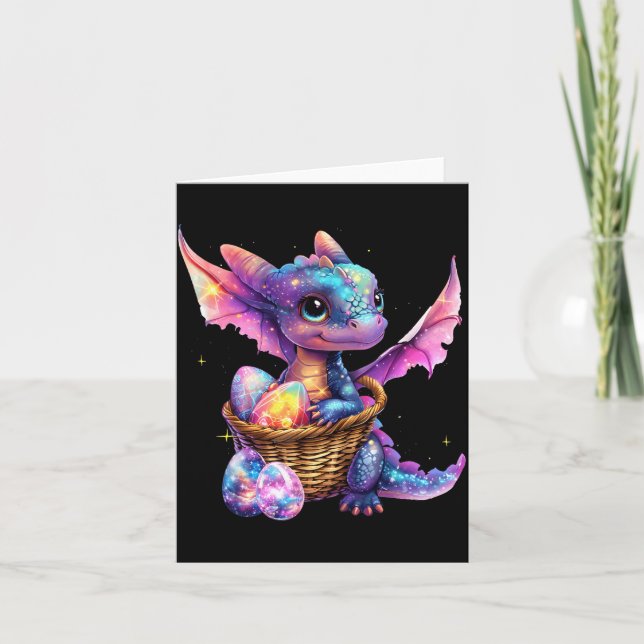 Cute Space Dragon Collecting Easter Eggs Bas Card (Front)