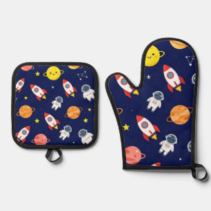 Cute Space Explorer Kids Pattern Oven Mitt & Pot Holder Set