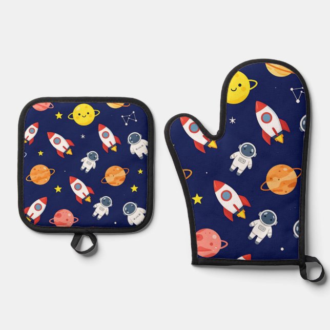 Cute Space Explorer Kids Pattern Oven Mitt & Pot Holder Set (Front)