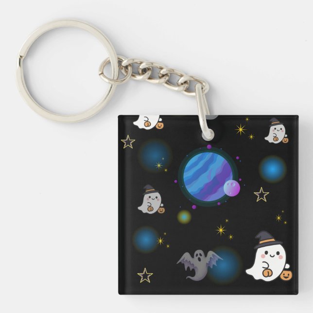 Cute Space Ghost Floating in Galaxy Acrylic Keycha Keychain (Front)