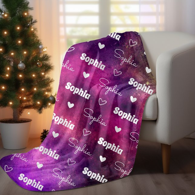 Cute space magenta repeating name personalized fleece blanket (Creator Uploaded)