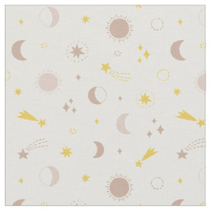 Cute space moon sun stars on cream fabric