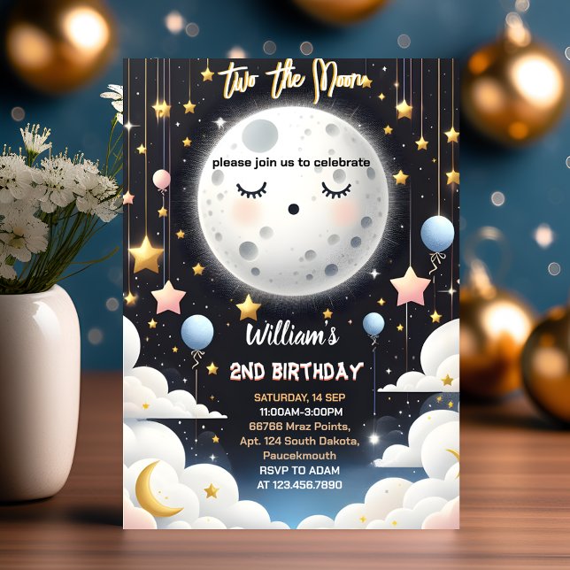 cute Space night sky Two The Moon 2nd Birthday Invitation (Creator Uploaded)