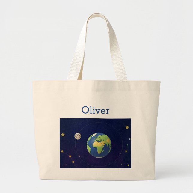 Cute Space Outer Solar System Personalized Name Large Tote Bag (Front)