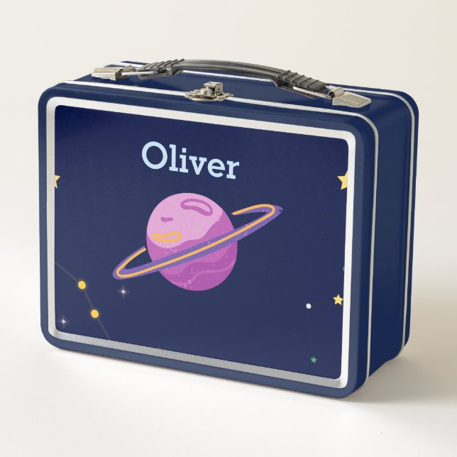 Cute Space Outer Solar System Personalized Name Metal Lunch Box (Front)