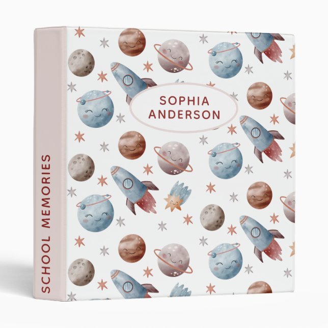 Cute Space Patterned White 3 Ring Binder (Front/Spine)