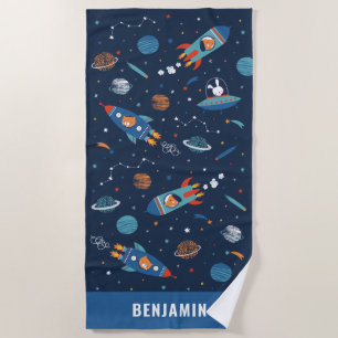 Cute space, planets and rocket ships with animals beach towel
