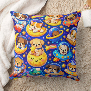Cute space puppies, astronaut dogs galaxy throw cu pillow
