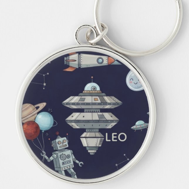 Cute Space Robot Birthday Party Keychain (Front)
