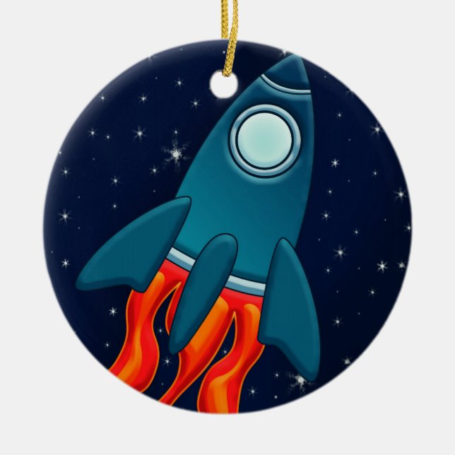 Cute Space Rocket and Outer Space Design Ceramic Ornament (Front)