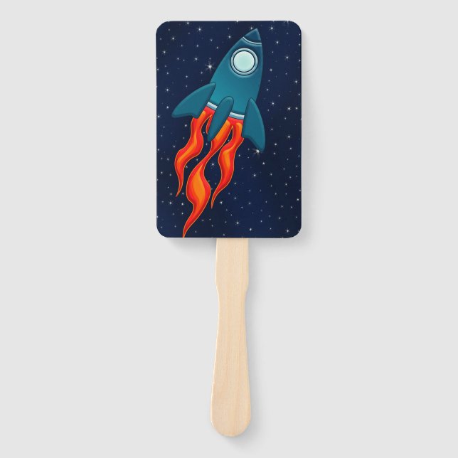 Cute Space Rocket and Outer Space Design Hand Fan (Front)