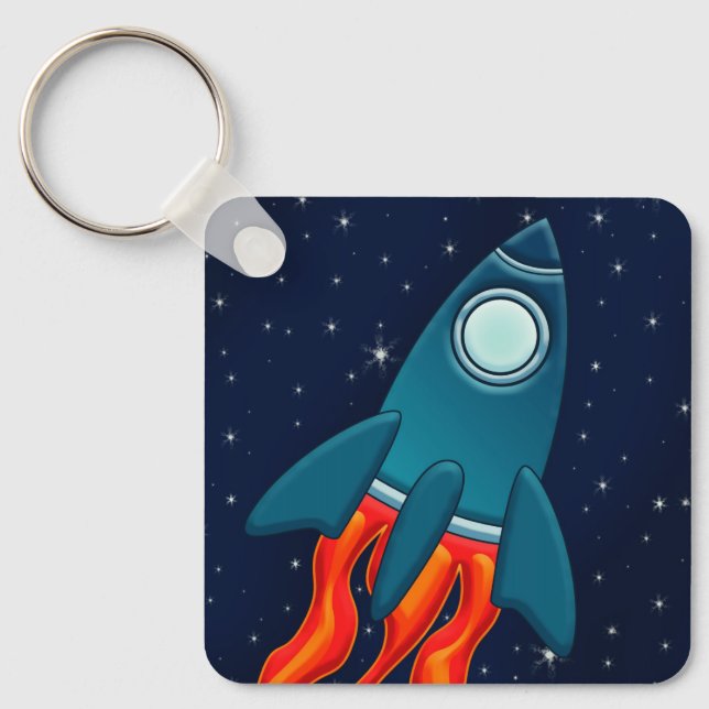 Cute Space Rocket and Outer Space Design Keychain (Front)