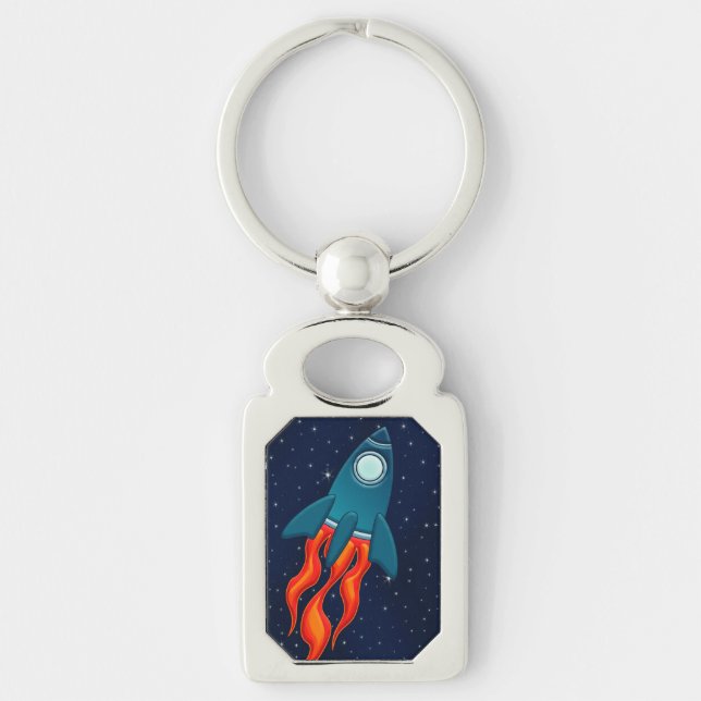 Cute Space Rocket and Outer Space Design Keychain (Front)