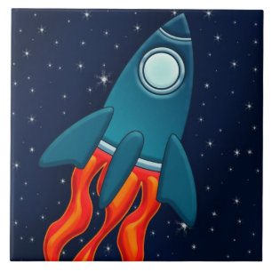 Cute Space Rocket and Outer Space Design Tile