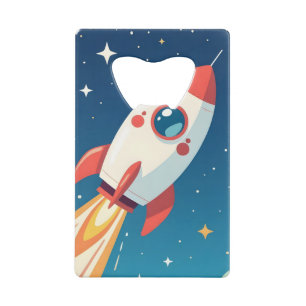Cute space rocket blasting off credit card bottle opener