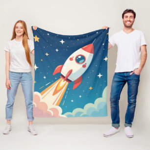 Cute space rocket blasting off fleece blanket